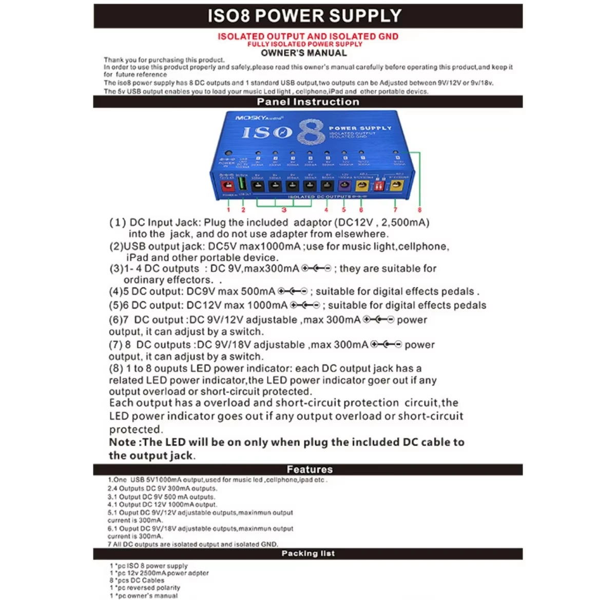 MOSKY ISO-8 Pedal Power Supply - Looper Pedal Guitar ulasan dan harga