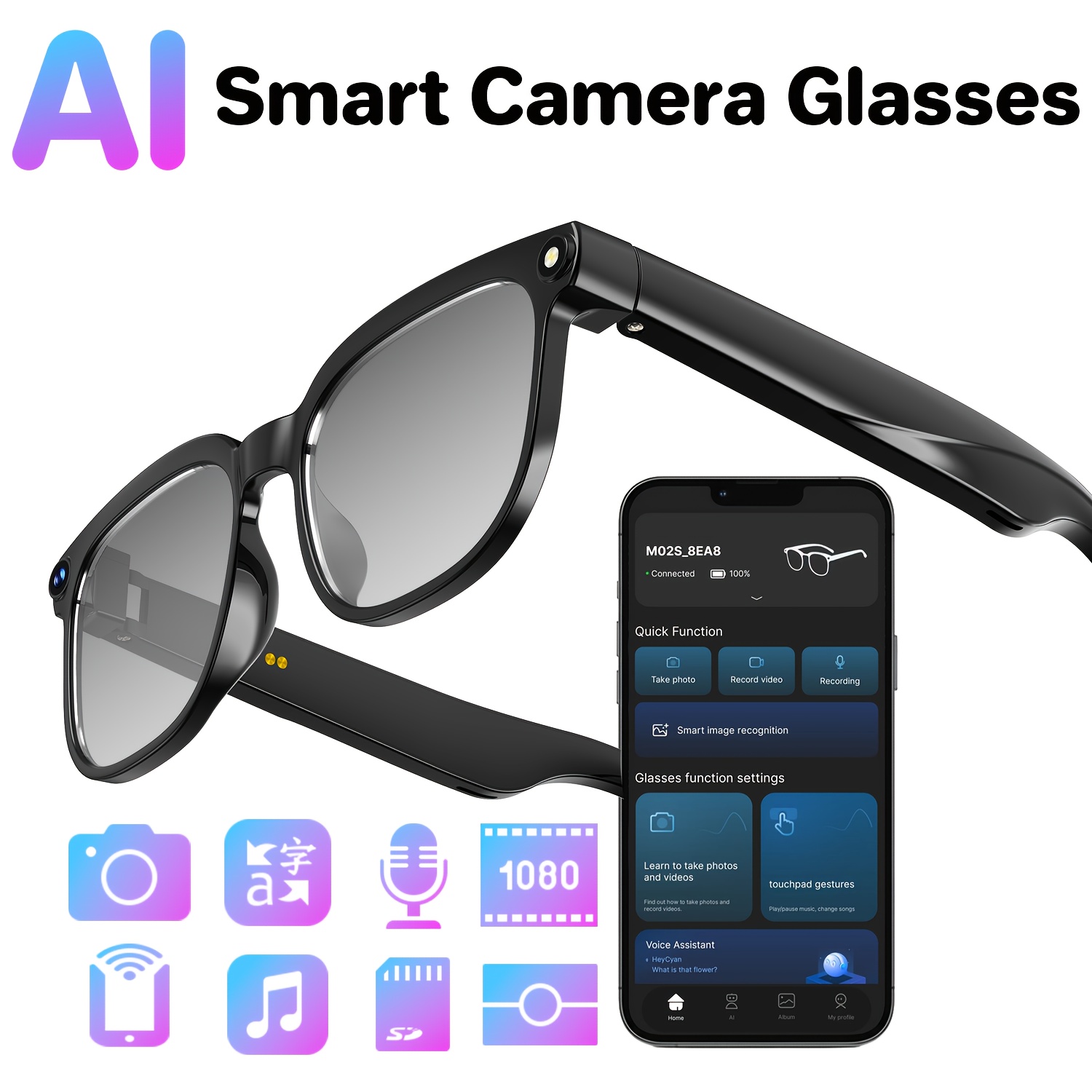 Smart camera glasses, 8-megapi - Audio Music Recognition ulasan dan harga